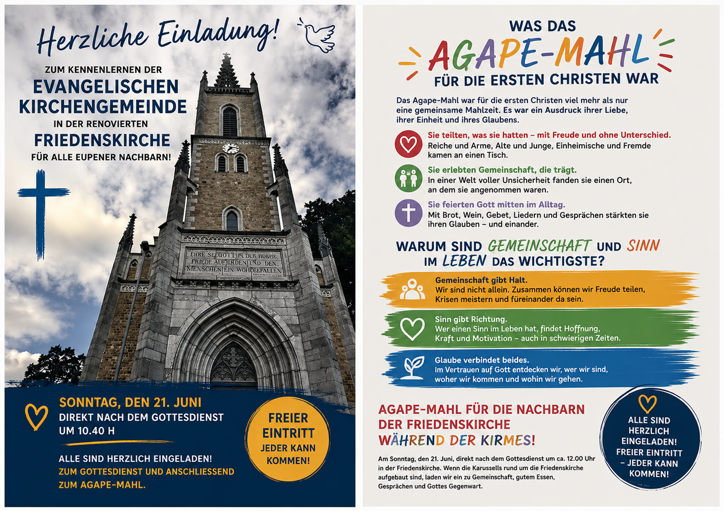Mehr über den Artikel erfahren Einladung zum Agape-Mahl am 21. Juni 2026 in die evangelische Friedenskirche in Eupen